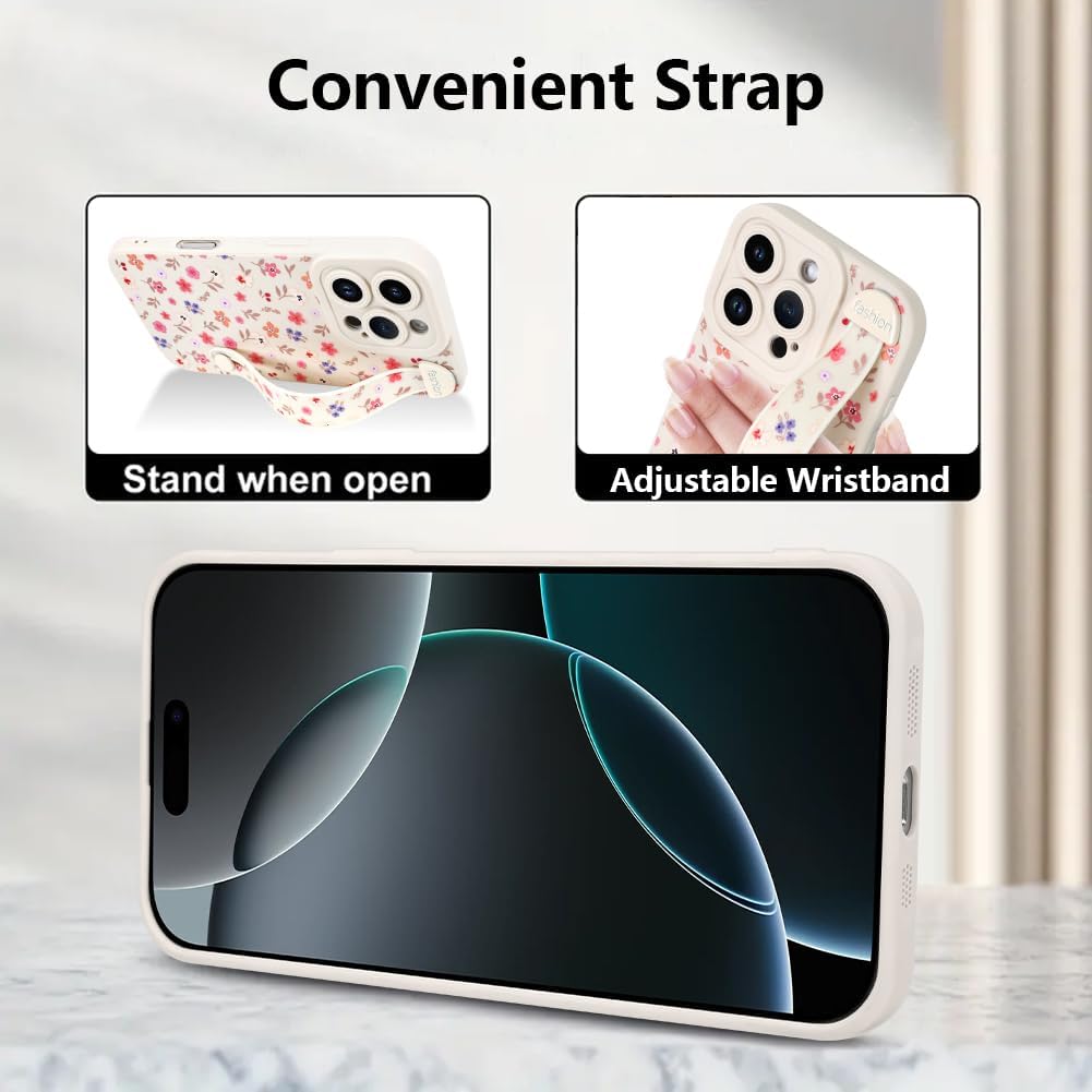 Case for iPhone 16 Pro 6.3 inch Silicone Phone Case with Strap for Women Girls Cute Floral Flowers Design, Adjustable Finger Strap Kickstand Protective Cover, Floral - Image 5