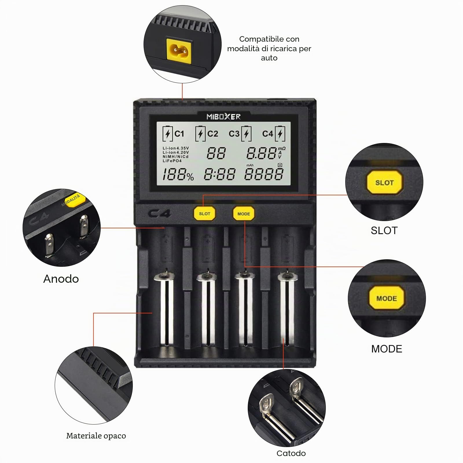 18650 Caricabatterie, Caricabatterie Intelligente Universale con Display LCD per Batterie NI-MH, NI-Cd, AA, AAA, 14500, 18350, 21700, 26650, Li-Ion LiFePO4, RCR123A (4 Slot)