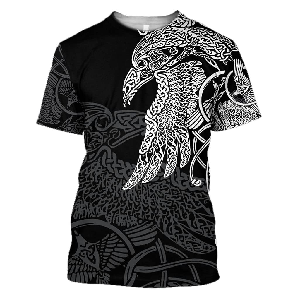 Dfwy Unisex Crow C Norse Mythology Celtic Knot Raven Harajuku Short Sleeve,Mens Viking Rune T-Shirt