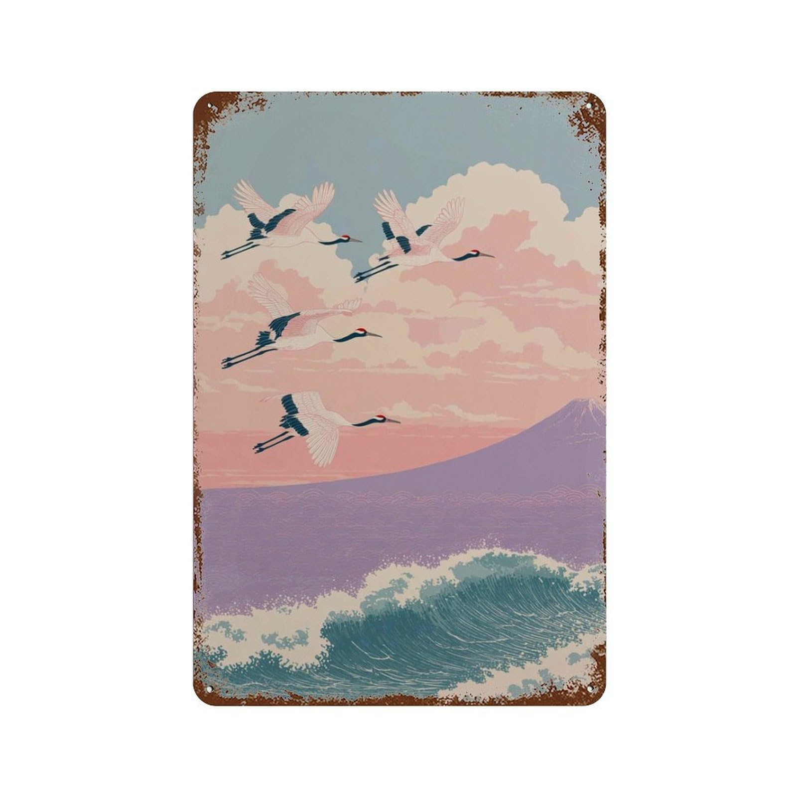 xiaoxiaoshen Japanese Cranes Mount Fuji And Ocean Wave Pastel Sunset Landscape Asian Work Hom Wall Decor Art Metal Tin Poster Modern Home Decor Art Home Bar Shop Decorations Vintage Sign 30x20cm