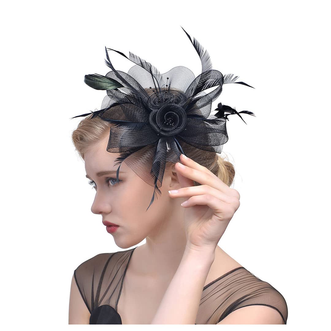 YTBHSHXZ， Cappello da sposa, da chiesa, con piume, in rete, for donna, con nastri floreali, for cocktail e tè.(Red)