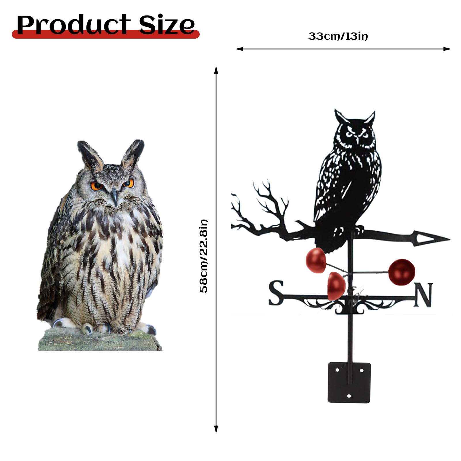 Girouette Rétro en Acier Inoxydable avec Hibou avec Indicateur de Direction du Vent, Girouette de Jardin de Ferme pour Abris de Jardin, Toit, Cabane, Cour, Décoration de Jardin