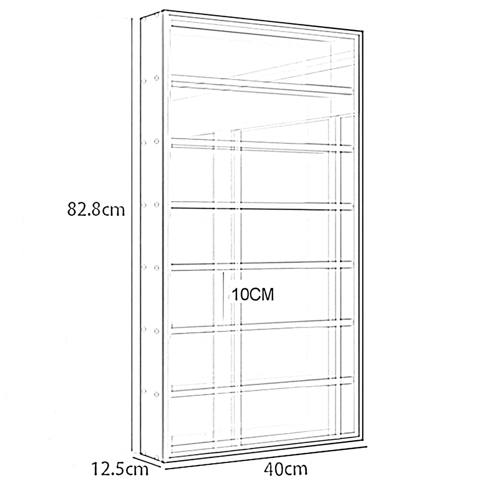 Vetrina a Muro a 4/5/6/7 Ripiani, Colore Nero, per Statuette e Oggetti da Collezione. Elegante Soluzione di archiviazione per Soggiorno e Camera da Letto. Dimensioni: 40x12,5x82,8 cm.