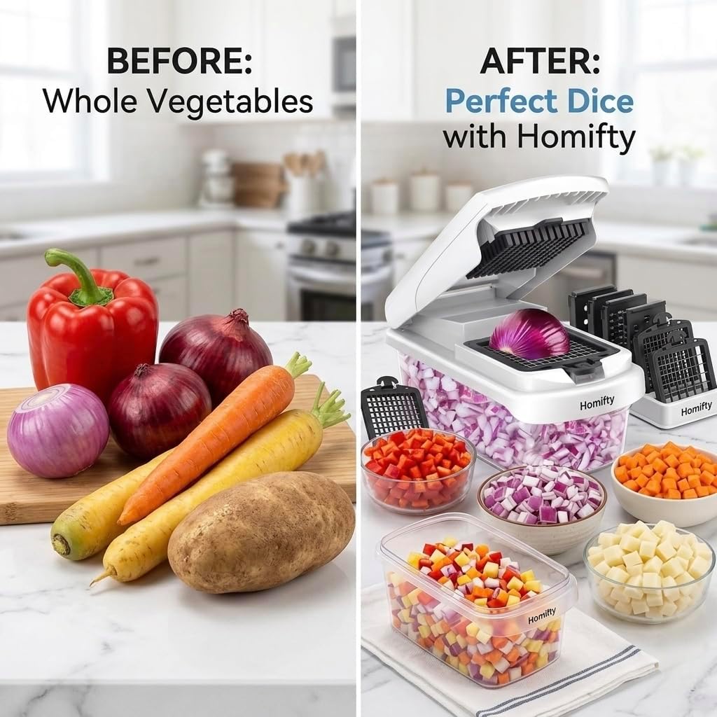 Homifty-Vegetable Chopper 18-in-1 – Set with Interchangeable Stainless Steel Blades, Food Dicer and Slicer with Container, Onion Cutter, BPA Free, Dishwasher Safe