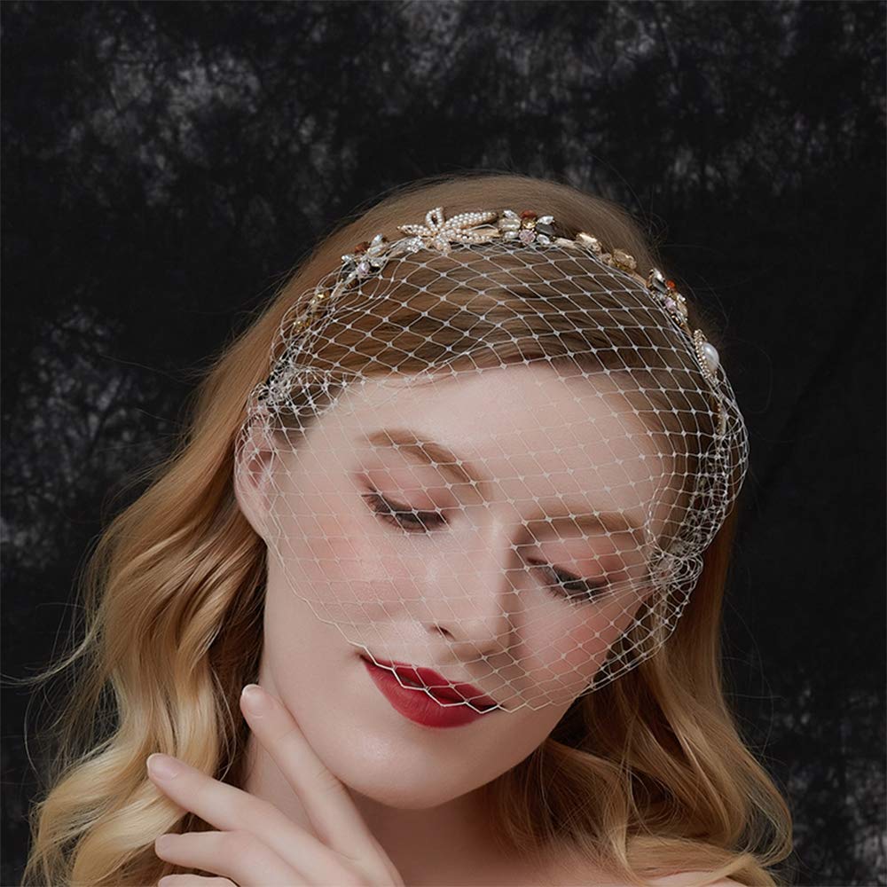 Aimimier Bridal Baroque Crystal Pearl Headband with Birdcage Veil Wedding Vintage 1920s Mesh Veil Floral Rhinestone Hair Hoop for Women and Girls - Image 2