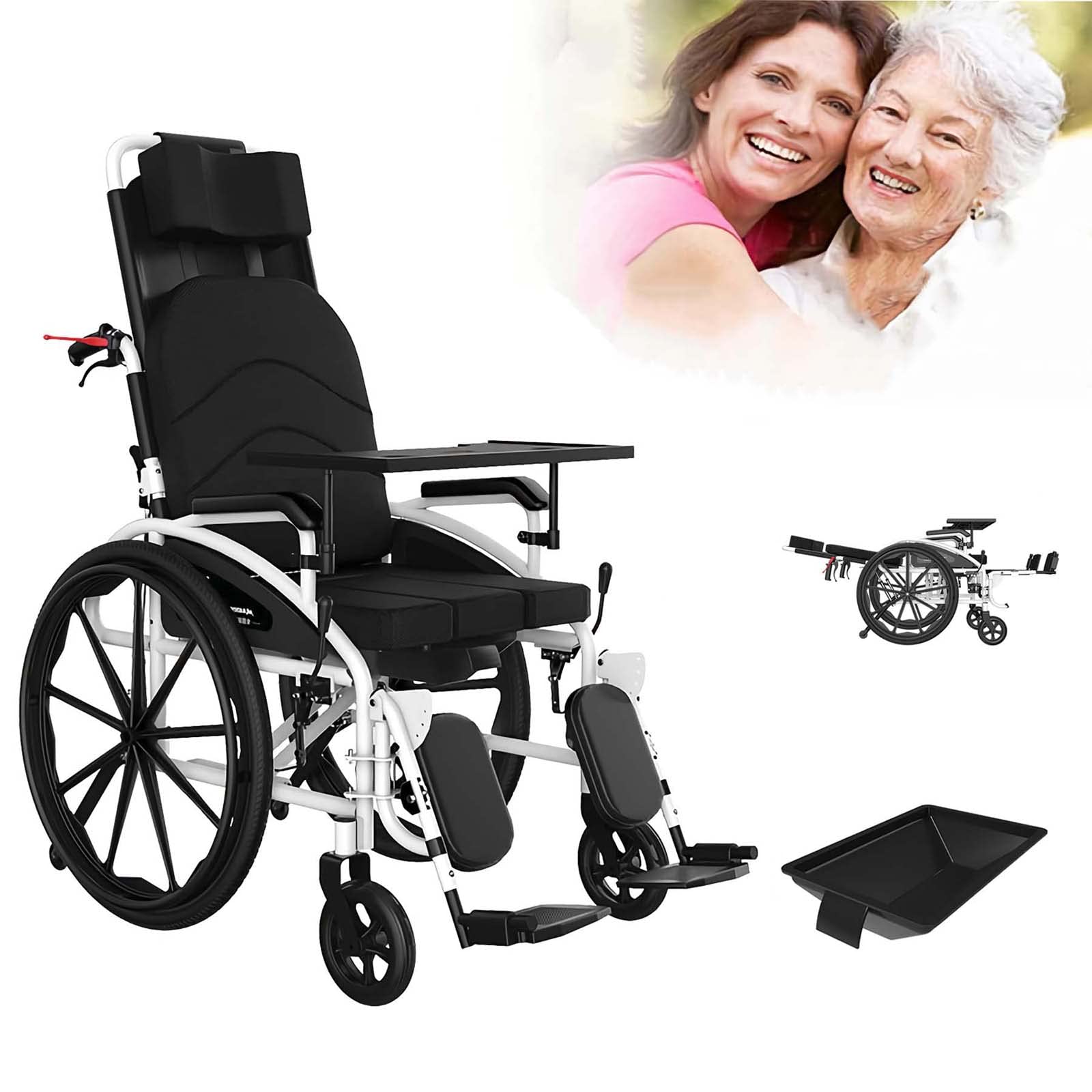 Silla de Ruedas reclinable Deportiva Liviana Silla de Transporte Plegable con Asiento de 18 Pulgadas reposapiés abatible Silla de Ruedas reclinable de 180 ° Silla de Ruedas para Adultos 24 "x 7"