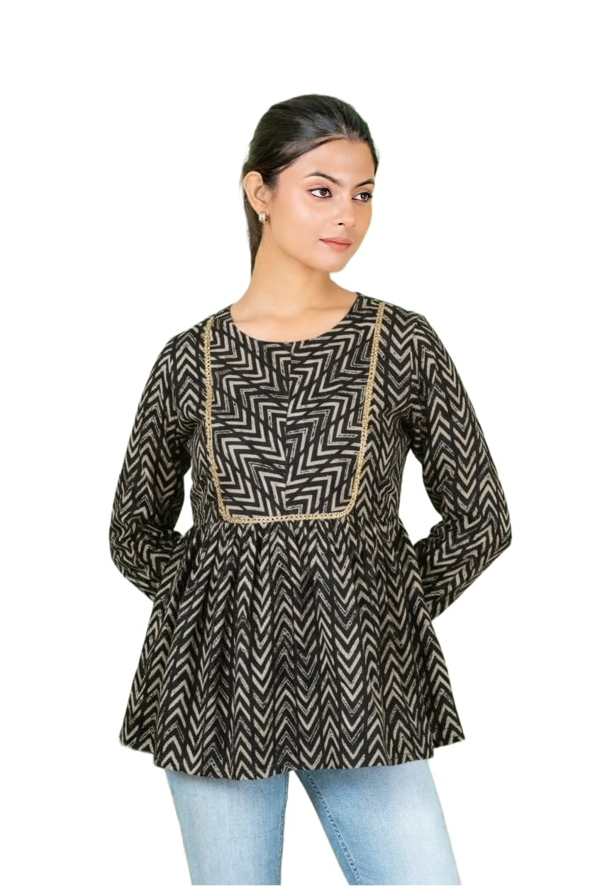 Women's Ethnic Short Kurti Top, Black with White Chevron Print, Gold Lace Detail, 3/4 Sleeve, Round Neck, Flared Hemline-image-32