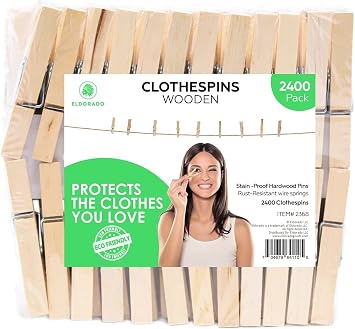 Eldorado Clothespins, Standard Ntural Wooden, Stain Proof, 3 inch, 2400 Value Pack, for Multipurpose Everyday Laundry, Clothes, Towels, Craft, Photos, Pictures, Decor, Baby Shower, Art Wall 2400
