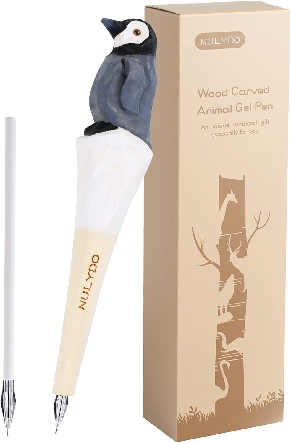 wooden handcarved pen in the shape of a penguine