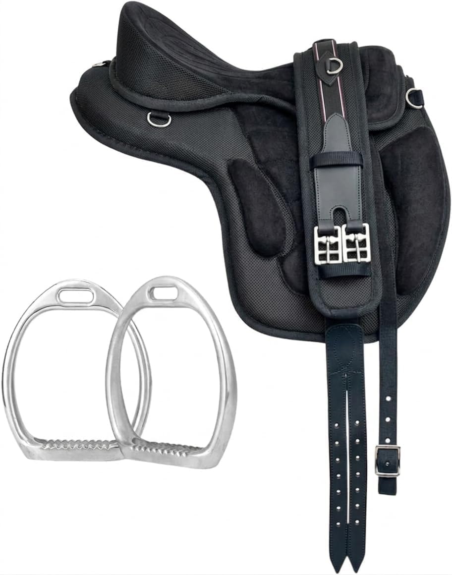 Synthetic Treeless Horse Saddle with Matching Girth | Lightweight Adjustable Freemax Saddle for Trail Riding, Training & Endurance | Soft Padded Equestrian Tack for Horses (Black, 17 Inch)