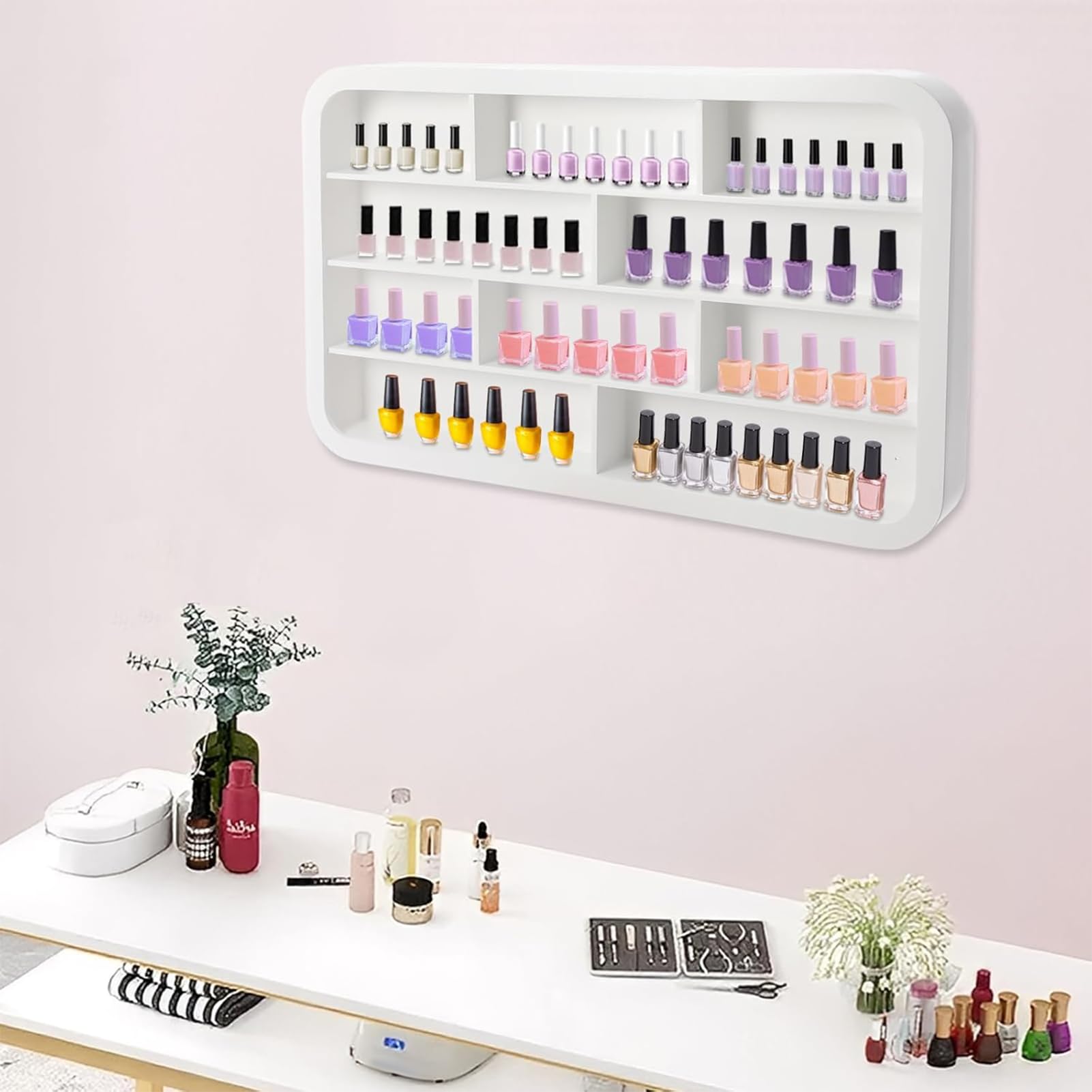 Estante de Almacenamiento de esmaltes de uñas de Cuatro Niveles, Estante de Almacenamiento de Madera para Montaje en Pared, Estante de Almacenamiento de perfumes Blanco, Estante de exhibició