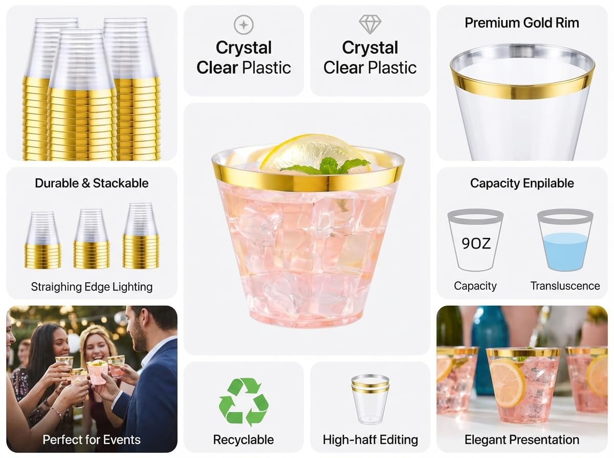 WELLIFE 200 PCS Gold Plastic Cups,9 oz Clear Plastic Cups,Disposable Wine Glasses,Plastic Cocktail Glasses for Party and Wedding — Amazon image 7