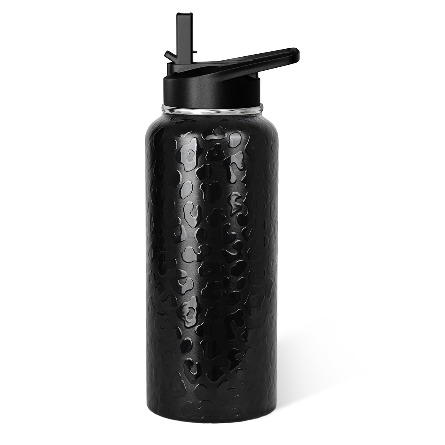 Leopard Print Water Bottle 32oz Vacuum Insulated Black Cheetah Water Bottles with Straw Lid Gifts for Women Men Leopard Print Stuff Accessories