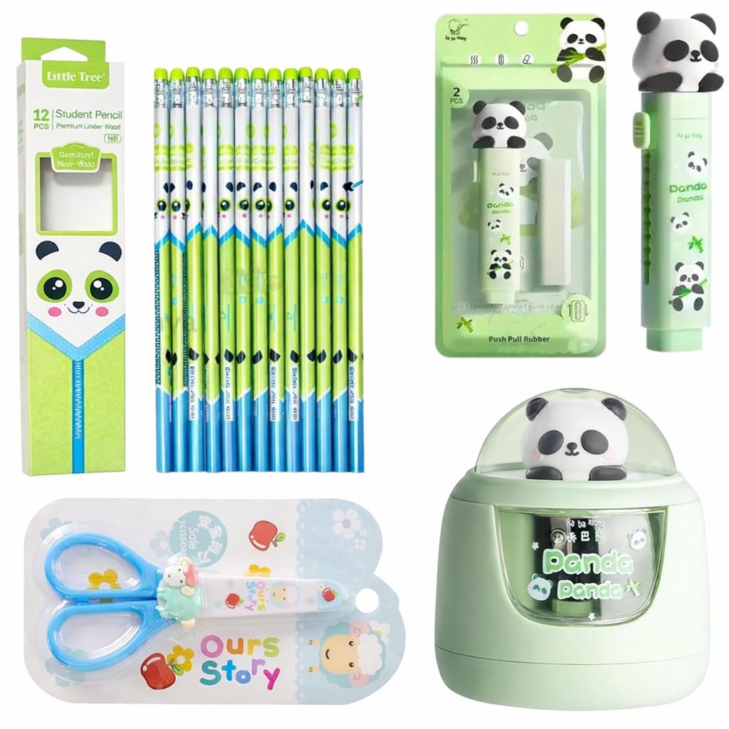 Kids Return Gift Stationery Combo – Panda Electric Pencil Sharpener, 12 PCS Cute HB Pencils with Eraser Toppers, Cartoon Safety Scissors & Panda Eraser | Birthday Party Return Gifts for Kids-image-9