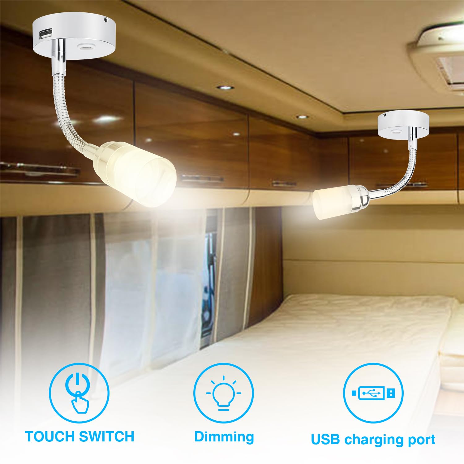 lighteu 12V/24V 2W Lampada da lettura a LED da parete a collo di cigno F3 Faretto con interruttore a pressione e porta USB Finitura cromata per barca, yacht, roulotte