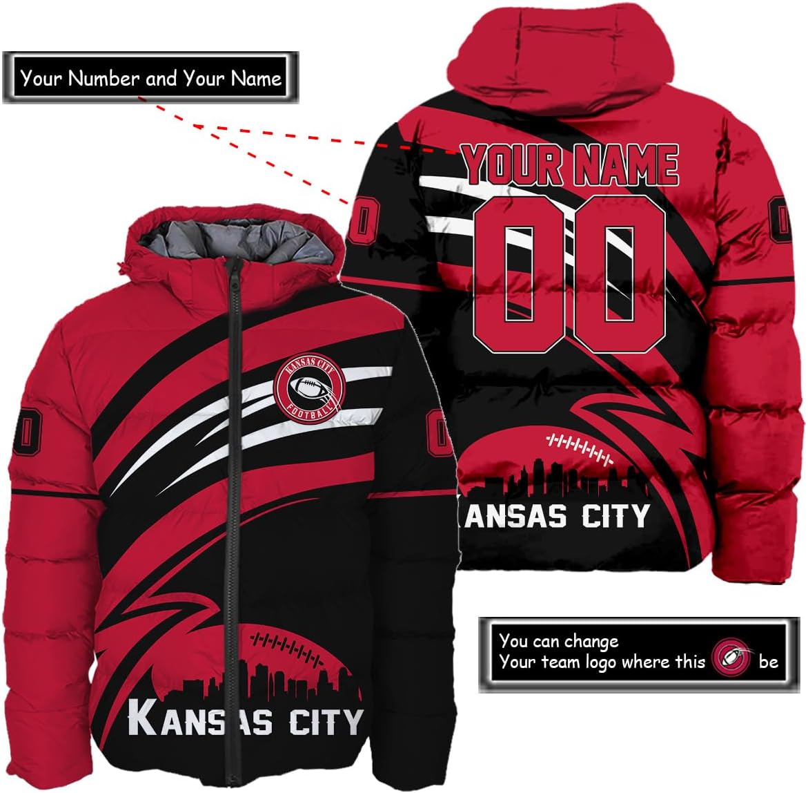 Discover Personalized Kansas City Football Team Chiefs Men's Hooded Puffer Jacket