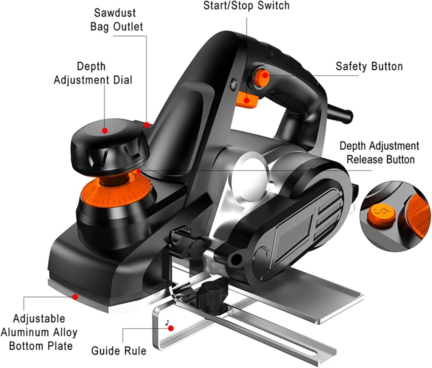 750w Electric Planer Plane, Variable Speed Hand Held Power Tool Wood Cutting AC 110V-240V MINGPING (Color : Black, Size : -EU Plug)
