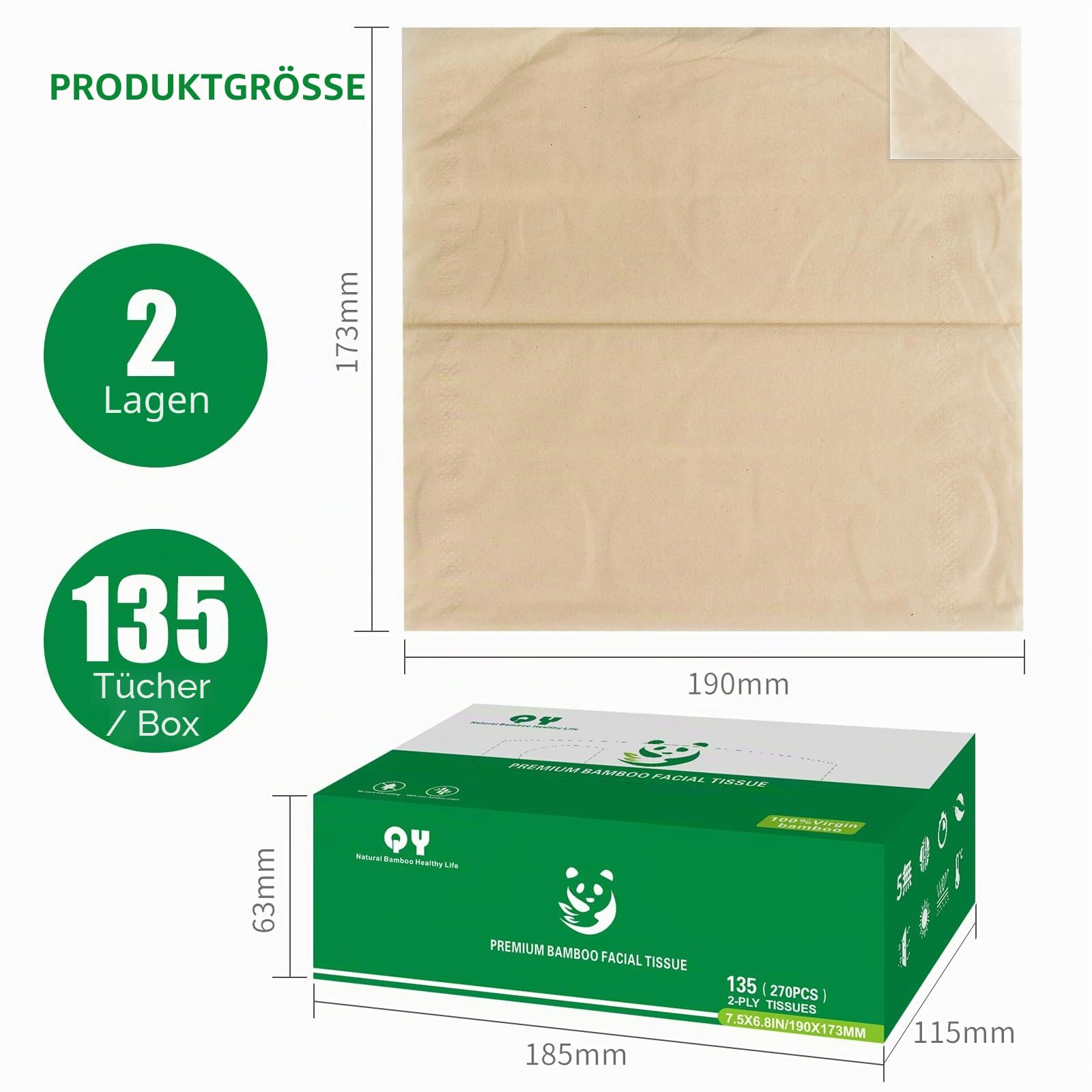 Bambus Taschentücher Box 12 Packungen – 135 Tücher pro Box, 2-lagig, ungebleicht und plastikfrei – Weiche Kosmetiktücher aus nachhaltigem Bambus für sensible Haut, hohe Reißfestigkeit, großes Volumen