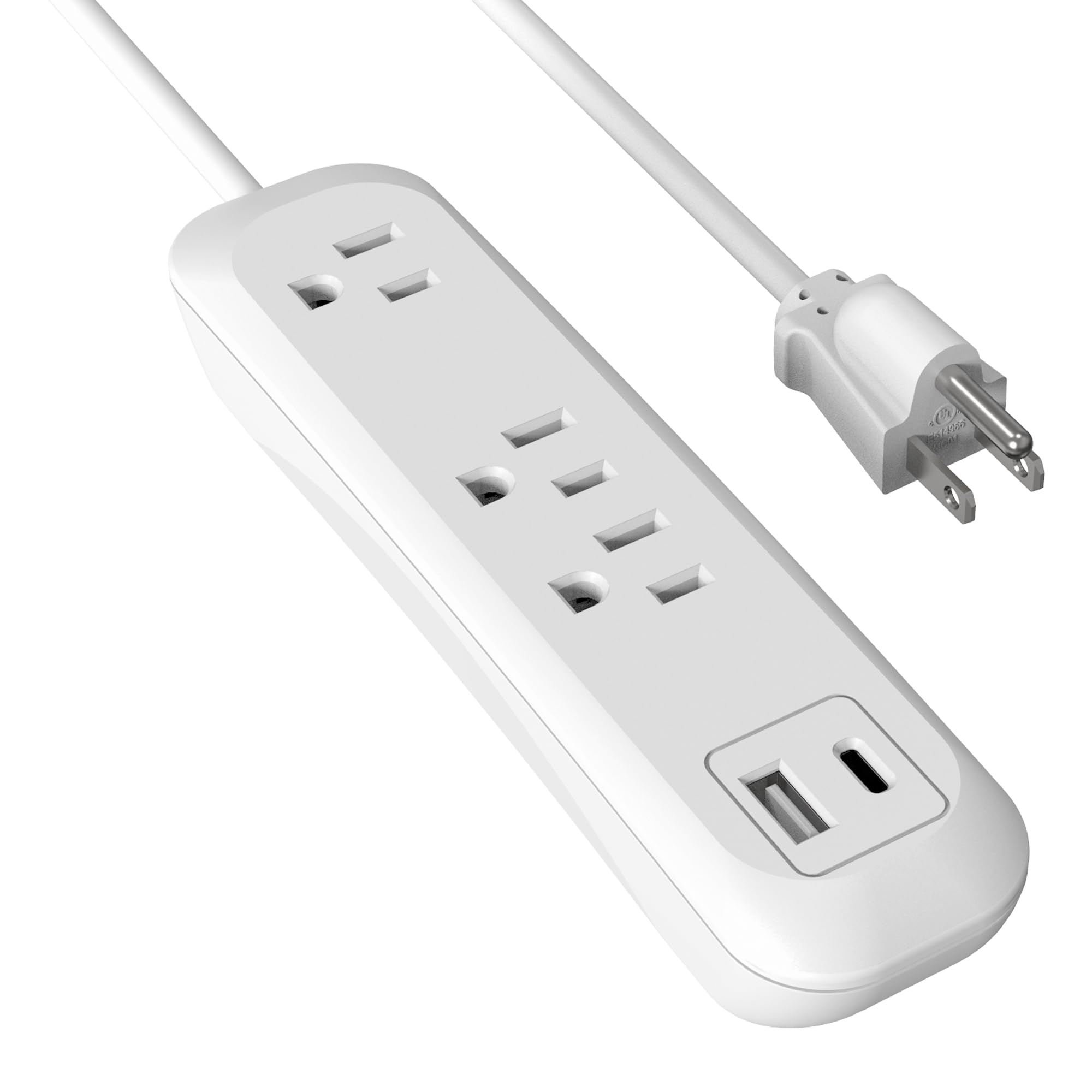 Power Strip Surge Protector with USB C, White Extension Cord 6 Feet 3 Prong, 3 outlets, 2 USB Ports, 1250W/10A, Wall Mountable, Plug Strip Surge Protector 300J for Home Office, SGS Approved