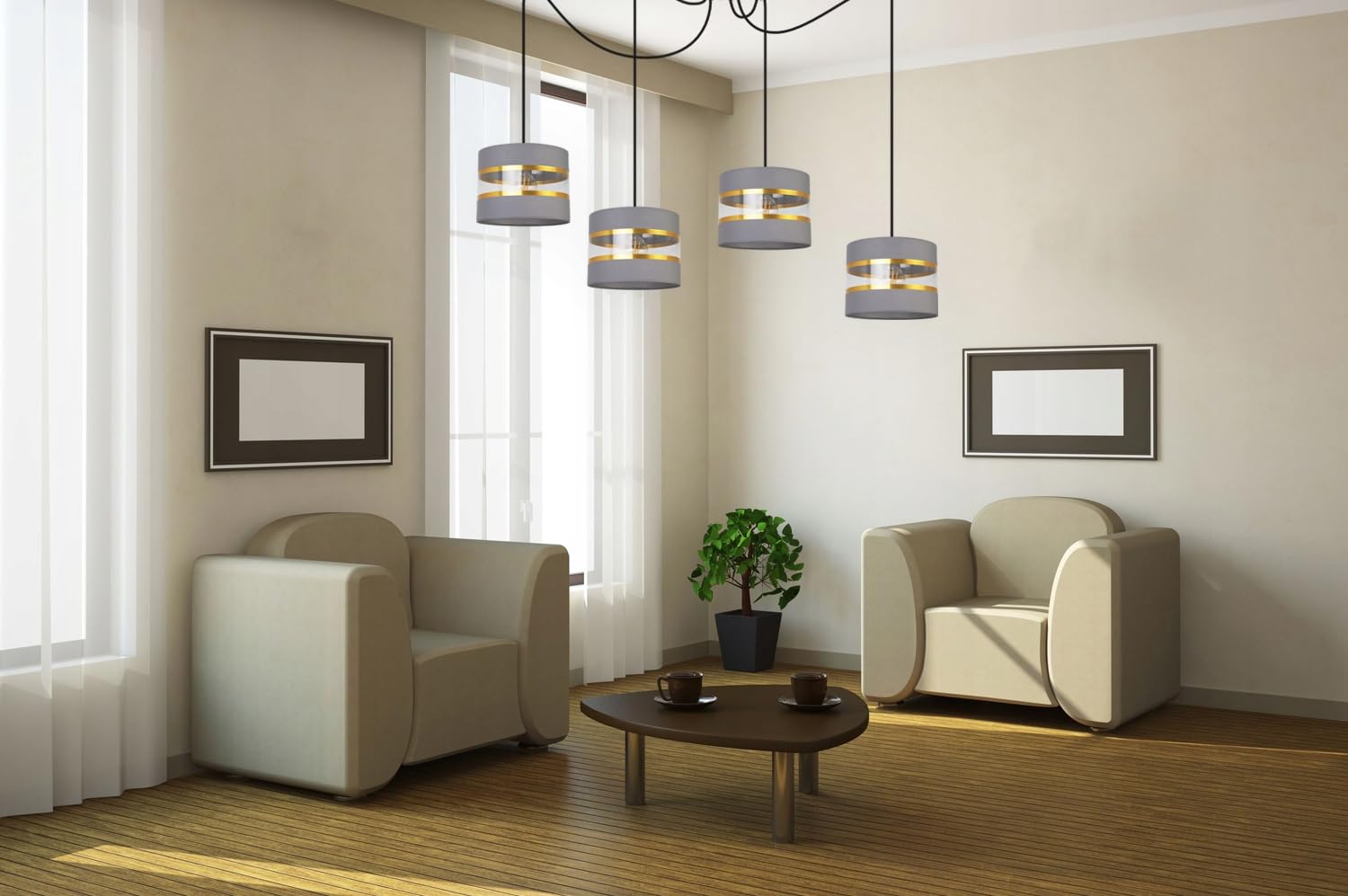 Light-Home Spider Elegance Deckenleuchte Pendelleuchte - Moderner Deckenleuchter für Schlafzimmer Wohnzimmer und Küche im Glamour - E27 mit 4 Lichtpunkten - Lampenschirm Stoff 20cm - Schwarz und Grau