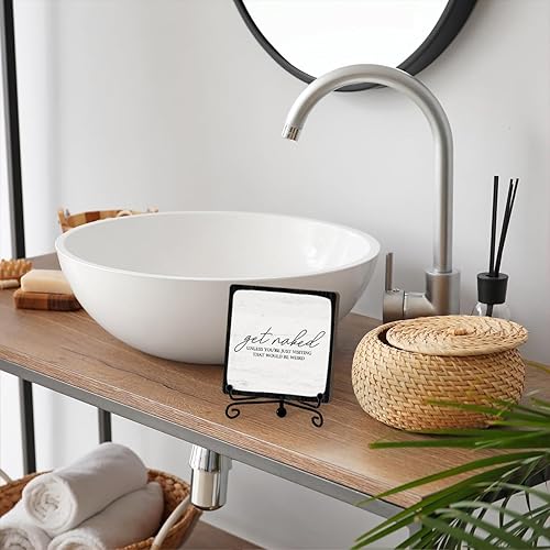Miniatura 3 de Letreros divertidos de medio baño, con texto en inglés Get Naked Just Kidding, letrero de escritorio de madera, arte rústico para baño, decoración