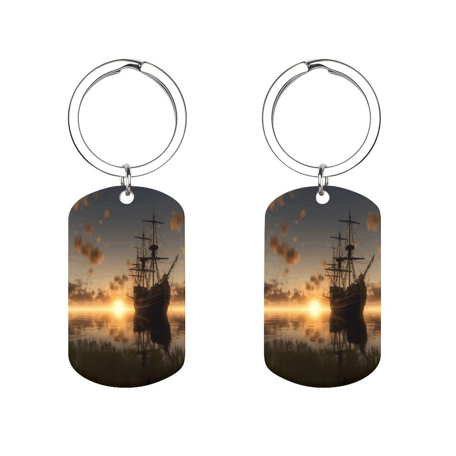 Ship in The Lake Sunset Keys Charm Stainless Steel，Bag Accessories Adopting An Arc Design，keychain Can Be Given As A Gift to Friends Or Family.