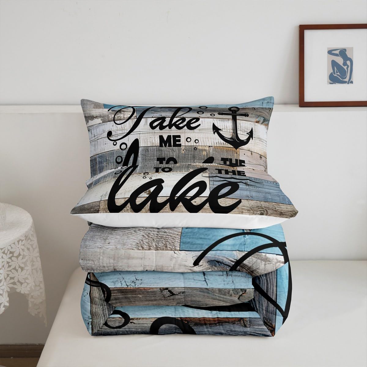 Homewish Lake Cabin Bedding Set Queen Size Rustic Farmhouse Comforter Set 3pcs,Light Blue Grey Wooden Stripes Quilted Duvet Kids Teens Girls Women Room Decor Lake Life Duvet Insert,2 Pillowcases