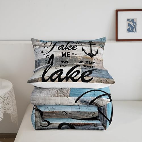 Miniatura 7 de Juego de ropa de cama de cabaña de lago, juego de edredón rústico de 3 piezas, color azul claro, gris, rayas de madera, edredón acolchado para