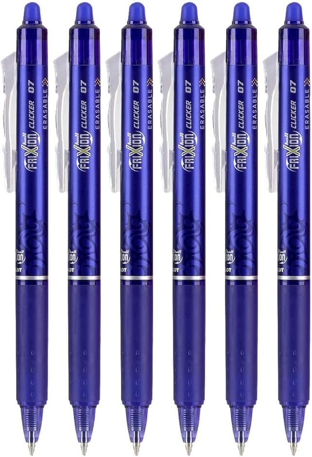 Advantage Gifts Frixion Clicker Retractable Erasable Gel Pens Fine Point (.7mm) Blue Ink 6-pk; Bundle with Plastic Reusable Pouch