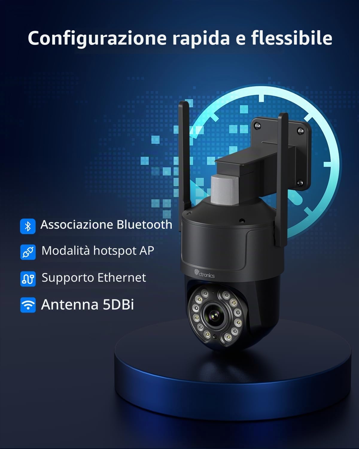 Ctronics 4K Telecamera Esterno con Zoom Ottico 5X,Auto-Tracking, 5G/2,4G | Visione Notturna Colore/IR Starlight 50m, Auto-Tracking, Luce Rossa-Blu & Sirena,Mascheramento Privacy, APP/PC, 256GB/FTP/NAS