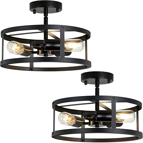 XPEHK 3-Light Semi Flush Mount Ceiling Light,Farmhouse Flush Mount Light Fixture,Industrial Ceiling Light Black Metal Cage Ceiling Lighting for Kitchen Foyer Hallway Entryway 2 Pack