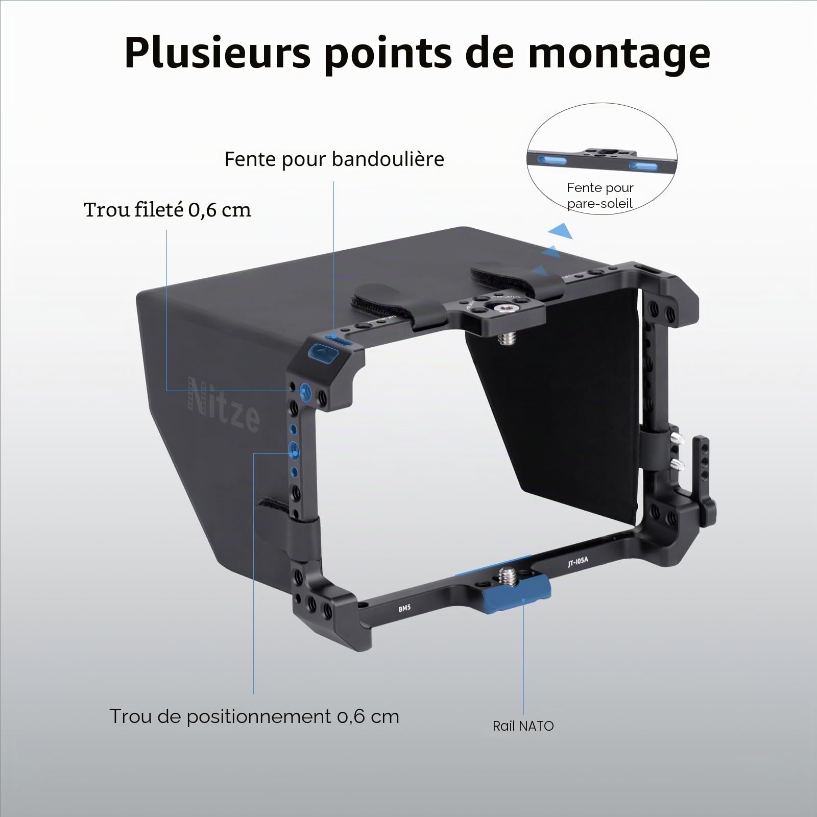 Nitze Cage pour moniteur PortKeys BM5 IV / BM5 IV WR / BM5 III / BM5 III WR avec pare-soleil en cuir PU - JT-I05B