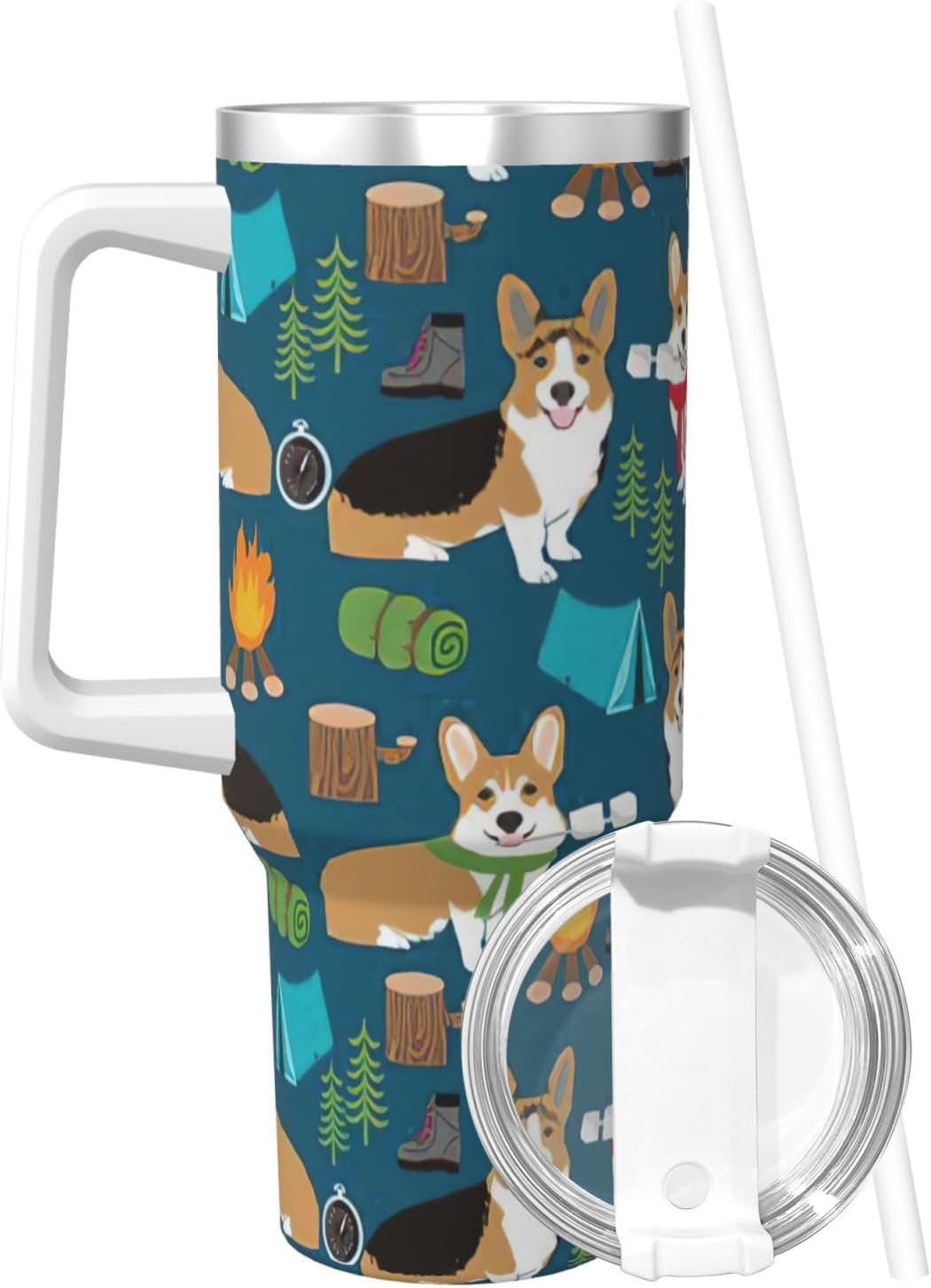 40 OZ Corgi Print Ice Bully Cup with Handle Straw Lid Straw,Stainless Steel Tumbler Coffee Cup
