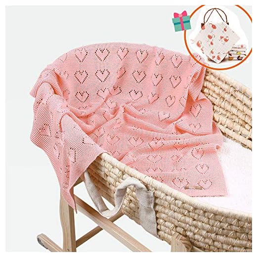 Baby mjuk stickad härlig bomull ren filt för pojkar och flickor, prickiga småbarn varm swaddle sovande kvadrat överkast filtar stickade mönster barnsäng texturerad sovfilt (rosa, 100 x 80 cm)