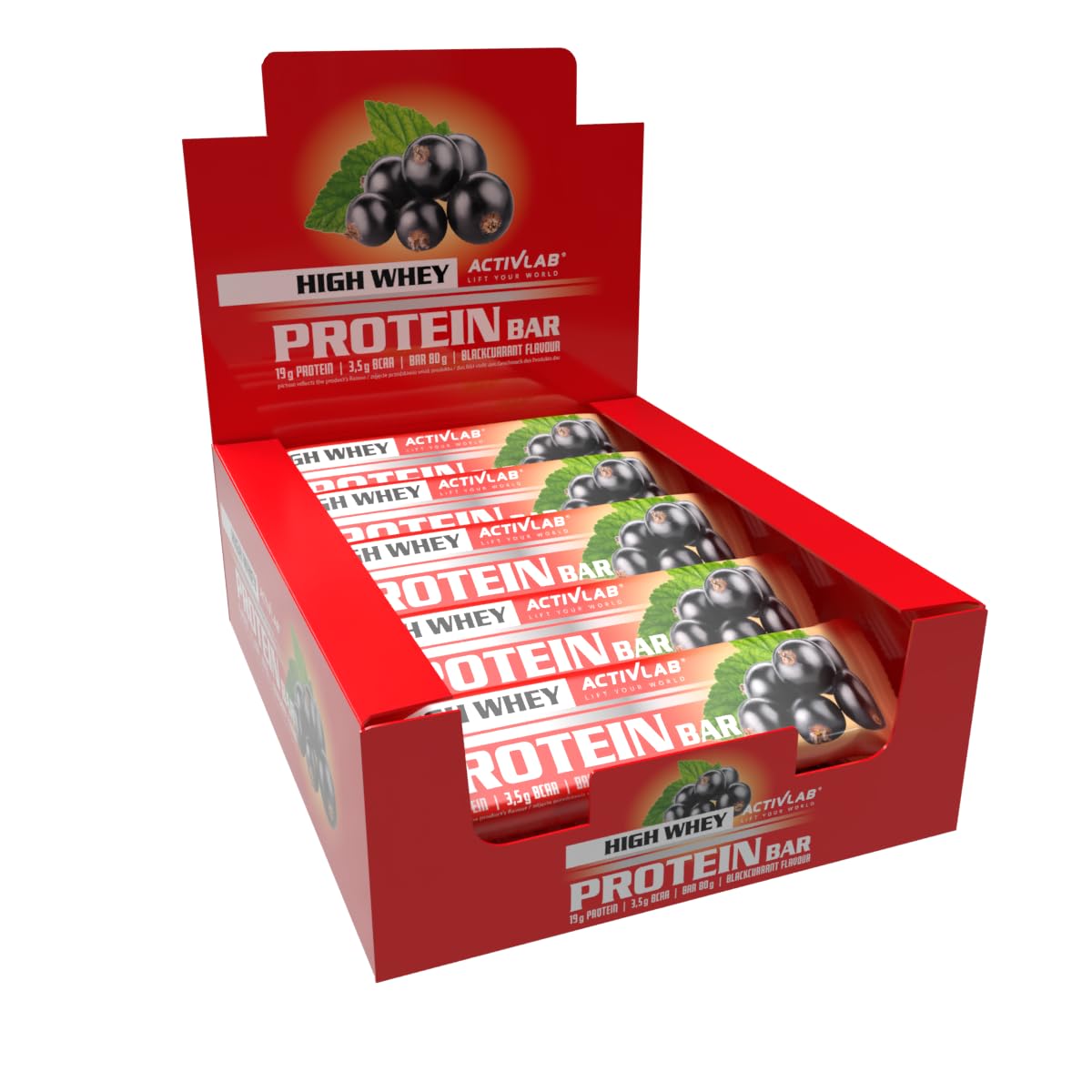 Baton proteinowy Activlab High Whey Protein 24 x 80 g – czarna porzeczka, 19,6 g białka, L-glutamina, BCAA, witaminy E, B1, B2, B6, B12, biotyna, do stosowania przed i po treningu