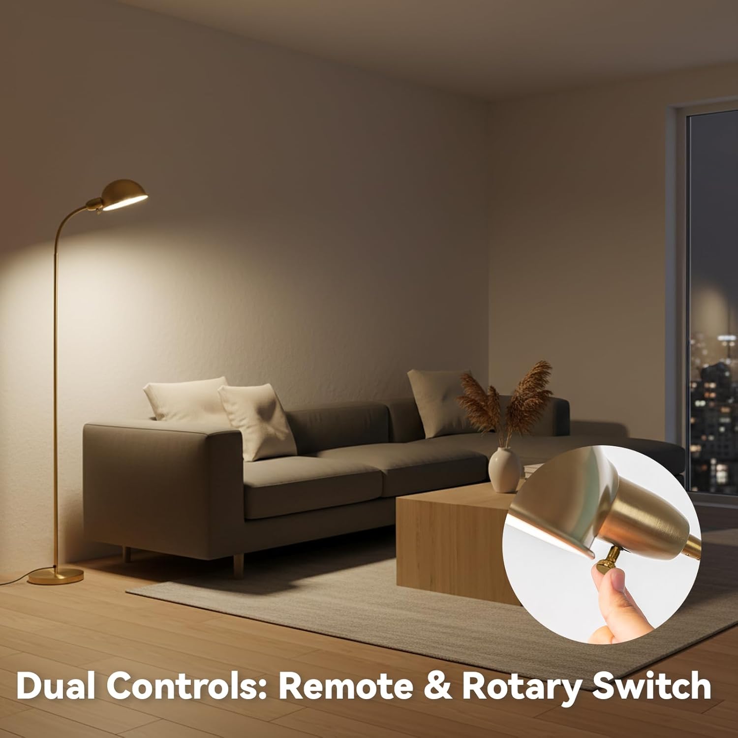 Dimmable Floor Lamp with Remote, Color Temperatures and Brightness Adjustable, Flexible Floor Lamp with Rotating Head, Modern Style Standing Tall Lamp, E26 Socket (Gold-Remote)