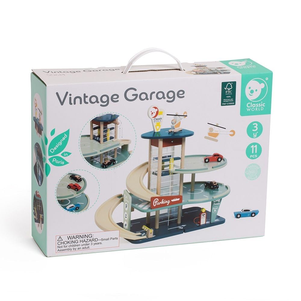 Classic World Parkgarage 3-stöckig aus FSC-Holz & Bio-Kunststoff, Retro-Parkhaus mit Aufzug, Tankstelle, Autos & Hubschrauber, Spielgarage ab 3 Jahren