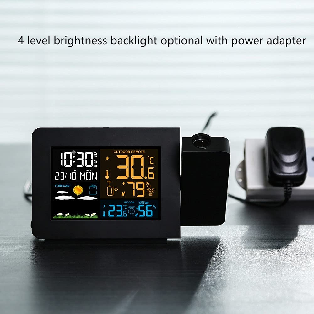 Stazioni Meteo Sveglia di proiezione con sensore Esterno, Stazione meteorologica Personale, previsioni del Tempo Dimmable Dual Alarms LCD. Visualizza la Data dell'umidità della Temperatura Ora