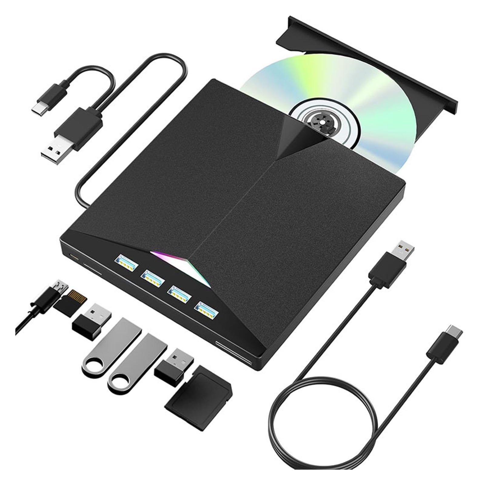 Przenośny zewnętrzny czytnik DVD CD +/-RW 7 w 1 z USB 3.0 typu C i czytnikiem kart SD TF USB