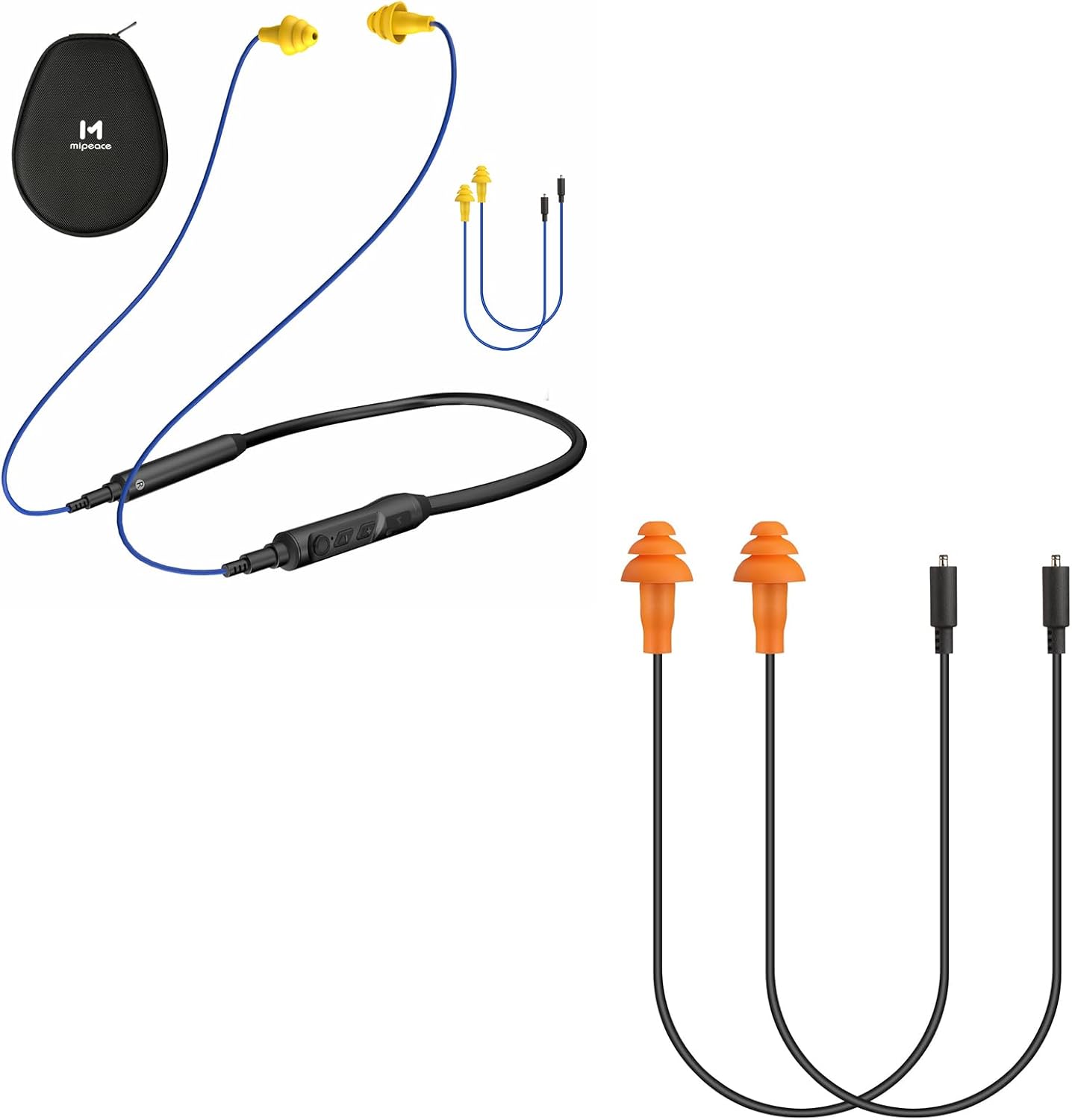 MIPEACE Bluetooth Earplug Headphones with 2 Replacement Earbuds Cables (Black & Orange) 29dB Noise Reduction Safety, Neckband Design, 19+ Hour Battery, Includes for Lawn Mowing, DIY, and Work