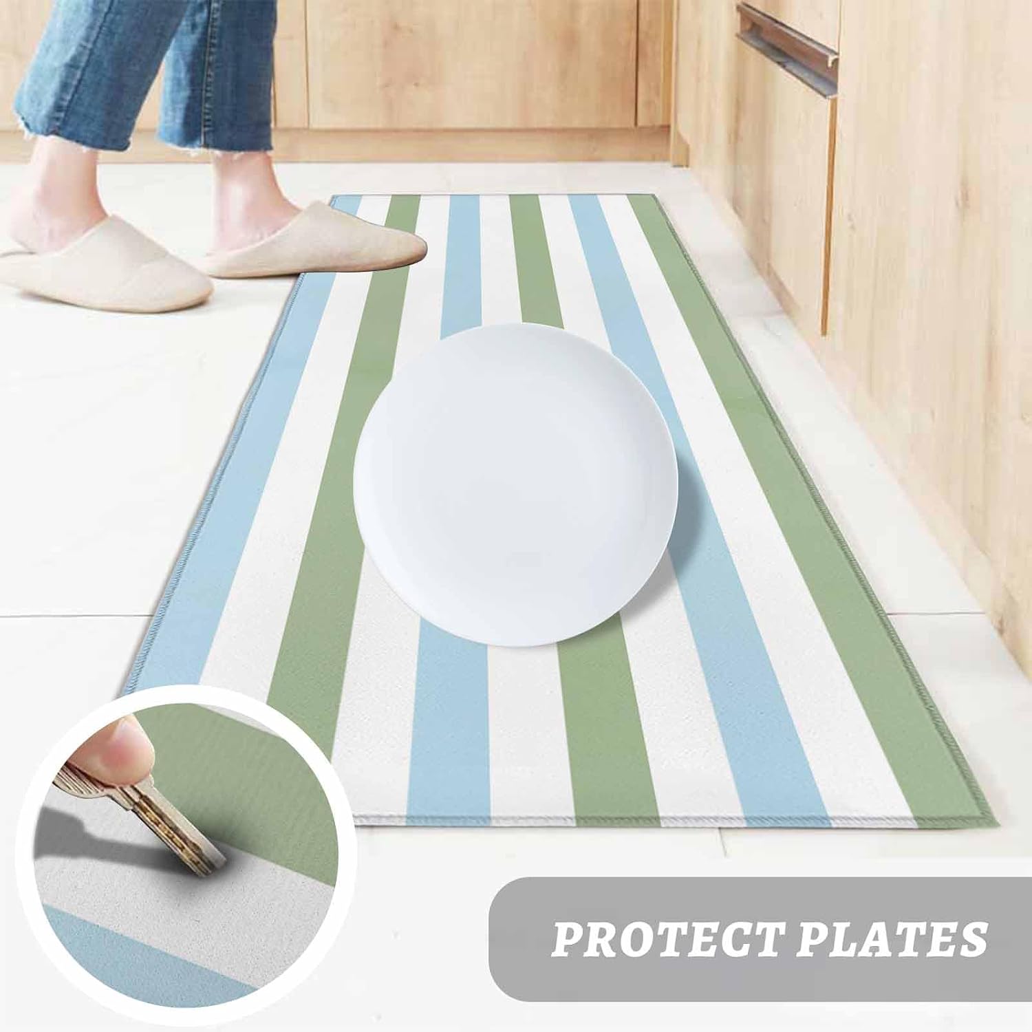 Kitchen Mats for Floor Geometric Sage Green and Blue Stripes Washable Non Slip Kitchen Rugs 1PCS, Minimalist Lines on White Absorbent Standing Mats for Sink Bathroom Office Living Room 23.6x70.9in