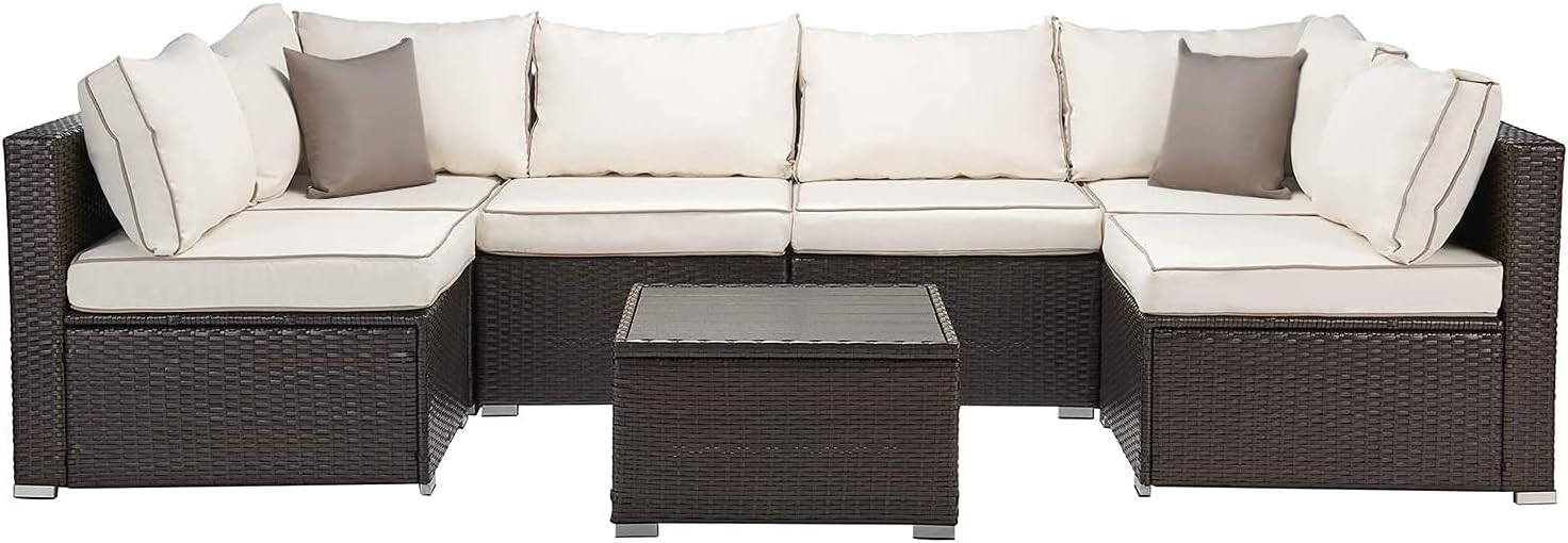 Laurel Canyon Outdoor Patio Furniture 7 Piece Rattan Sectional Sofa, Wicker Conversation Sets with Faux Wood Top Tea Table and Cushions, Brown : Patio, Lawn & Garden