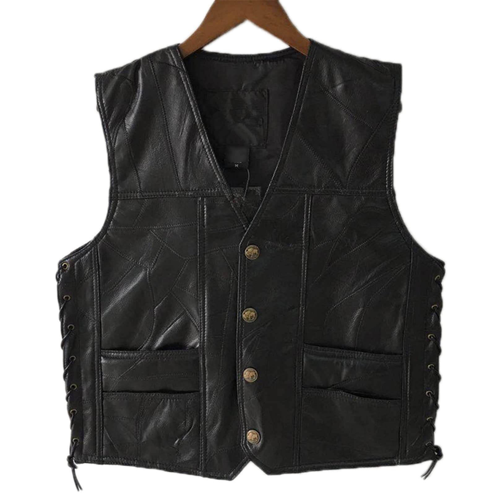 Mens Lacci Laterali Regolabile In Pelle Nera Moto Gilet Biker Gilet Morbida Pelle Di pecora