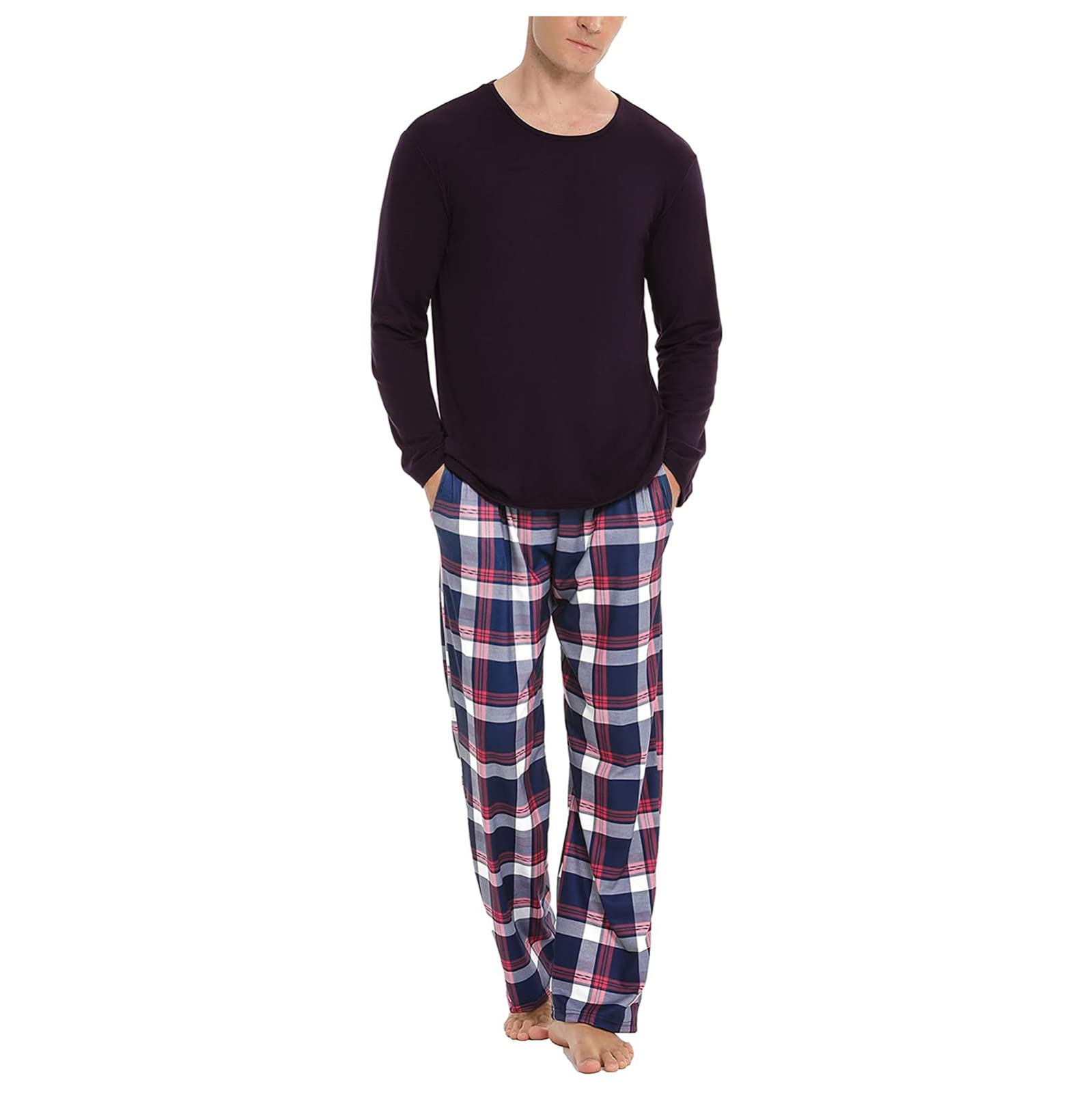 Pijama para hombre de dos piezas largo de algodón, juego de pijama térmico y cálido, ropa de dormir de manga larga y pantalones de pijama a cuadros, ropa de dormir para invierno, otoño, ropa