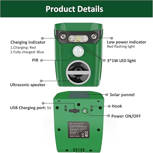 Miniatura 6 de Repelente solar ultrasónico de animales, repelente de gatos para exteriores, activado por movimiento con luz intermitente LED, impermeable, ardilla,