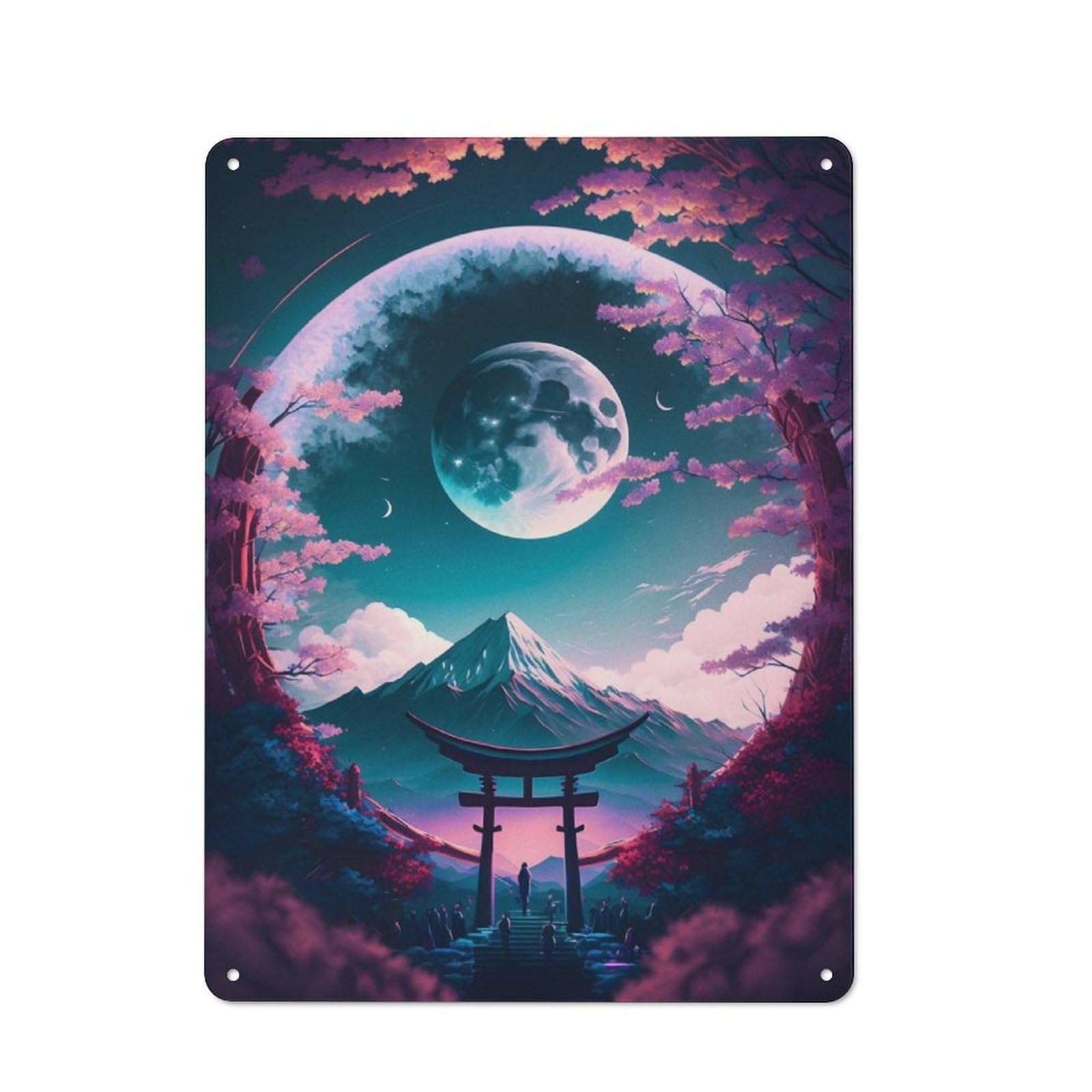 Decorative Metal Plaque with Torii Gate Full Moon Design 40x30cm, Casual Utility Space Decor for Patio Bar, Workshop, Shed Or Kitchen