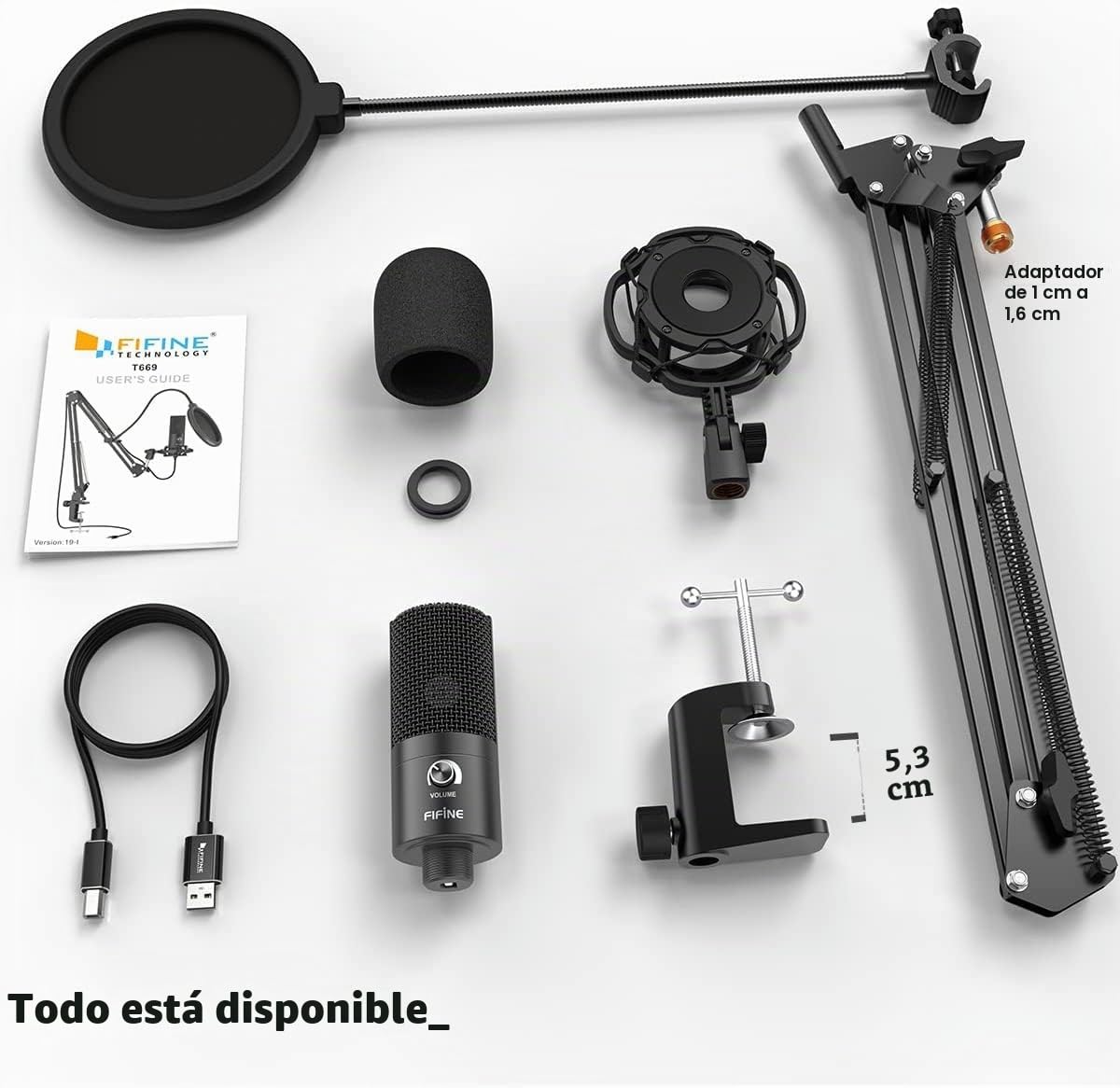 FIFINE Micrófono USB de Condensador para Estudio, Kit de Microfono Ordenador PC con Soporte de Brazo de Tijera Ajustable Soporte de Choque para Instrumentos Grabación Podcasting Youtube Gaming