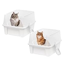 Iris Ohyama Vassoio per Lettiera per Gatti con Paletta, Set di 2, Bianco, Facile da pulire, Box per gatti, Pareti Rimovibili, Per Gattini, Gatti Adulti, Conigli, Senza BPA, Tetto Aperto, CLH-12