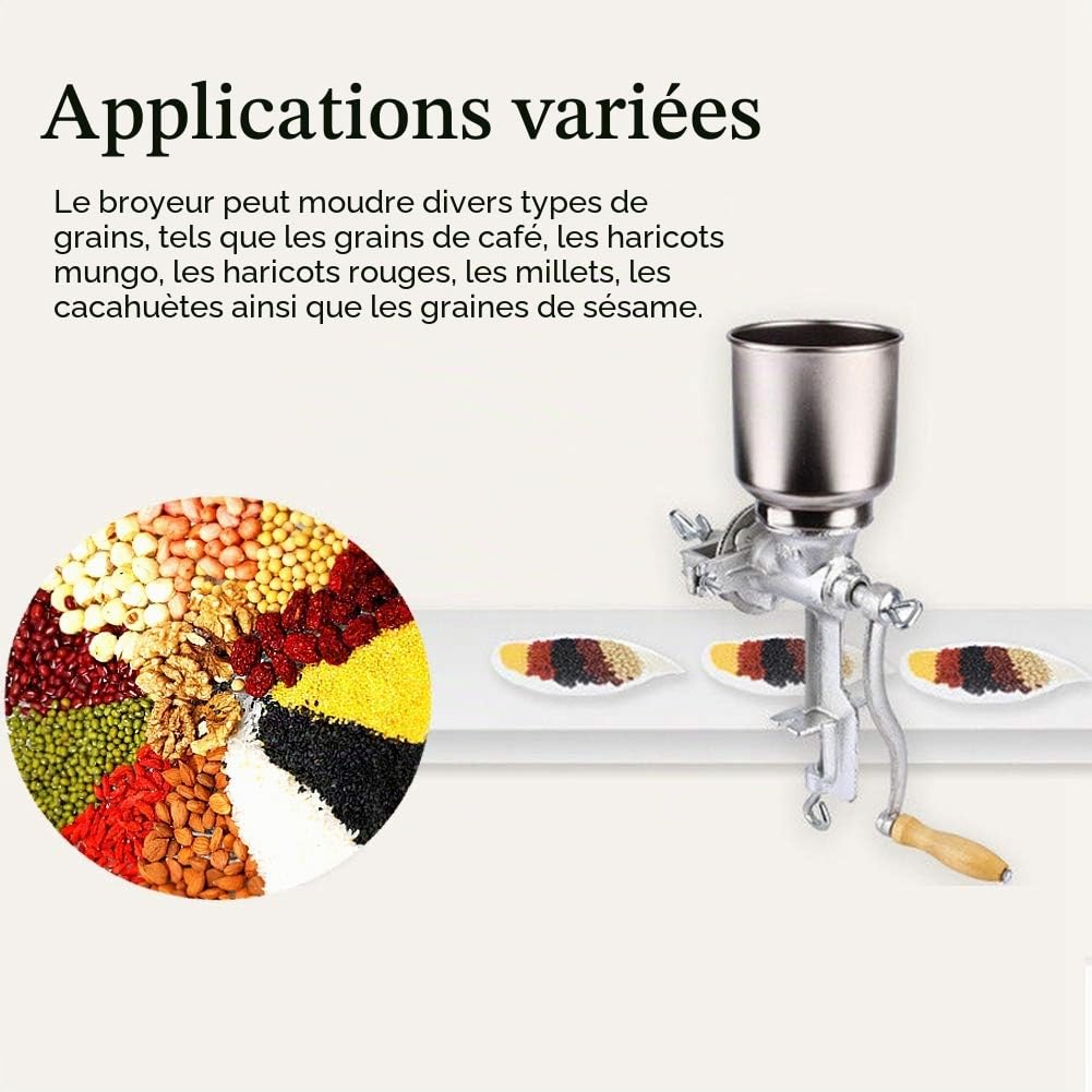Moulin à céréales Manuel, Moulin à maïs Portable Moulin à Grain Manuel Broyeur à Café avec manivelle pour maïs Grains de café cacahuètes Avoine