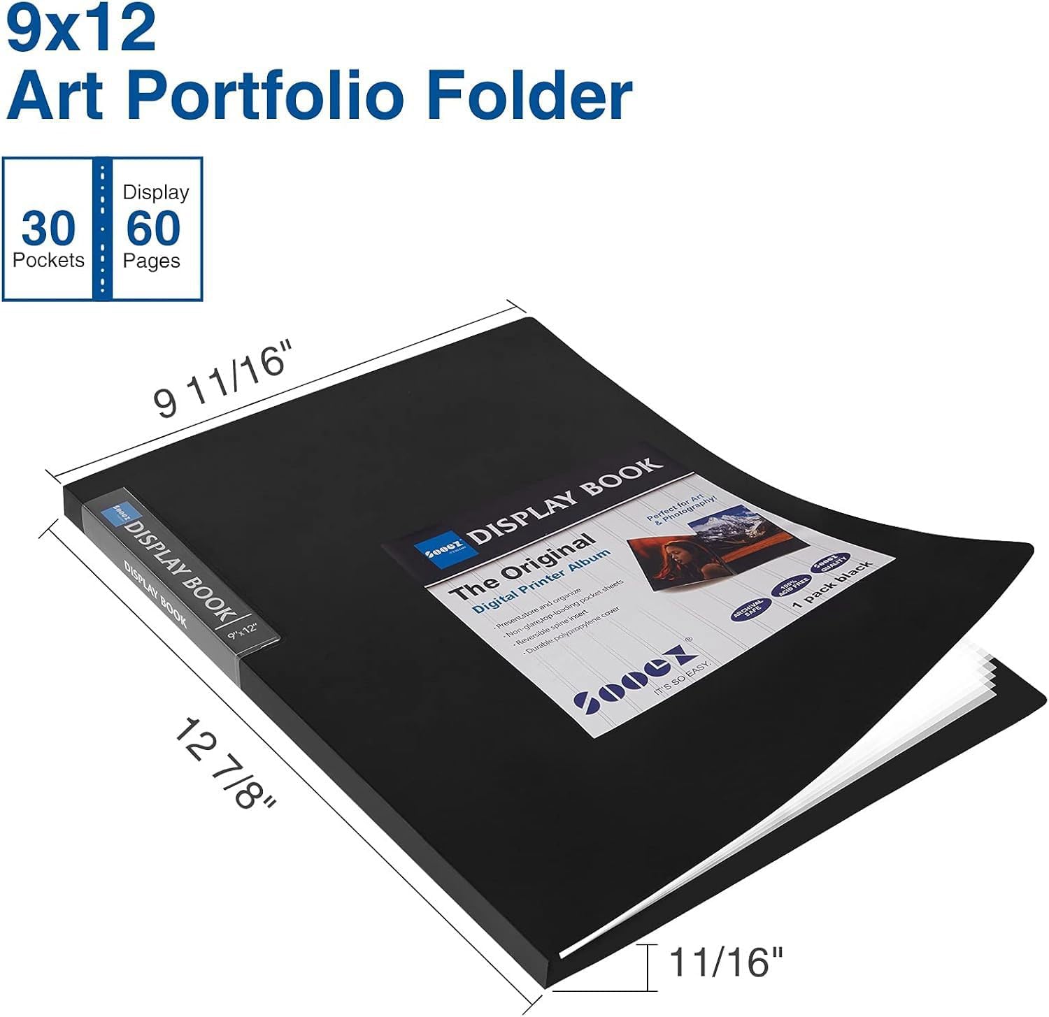 Sooez 30-Pocket Binder with Plastic Sleeves 9x12, Heavy Duty Art Portfolio Folder with Clear Sheet Protectors, Display 60 Pages, Presentation Book for Artwork, Document Organizer Binder - 4 Pack